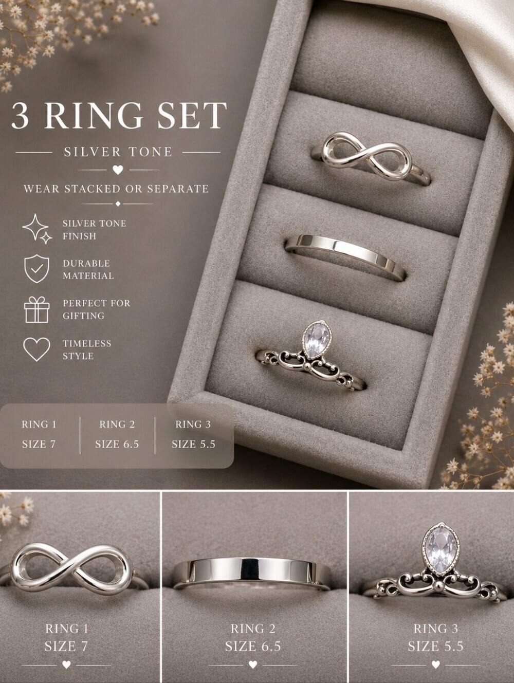Stackable Silver Tone 3-Ring Set